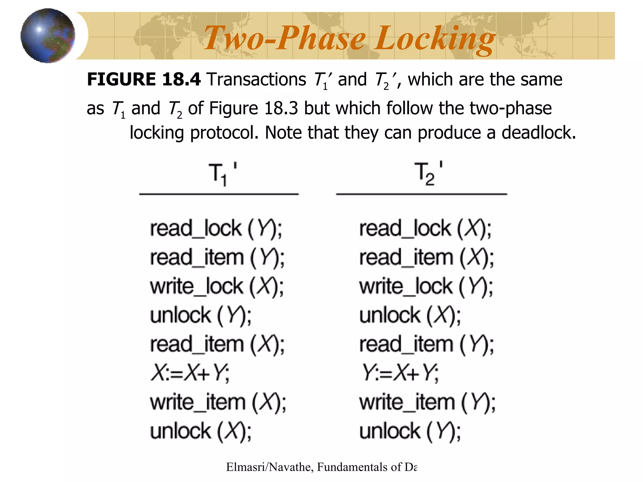 FIGURE 18.4  Transactions  T 1   and  T 2   , which are the same  as  T 1  and  T 2  of Figure 18.3 but which follow the two-phase locking protocol. Note that they can produce a deadlock. Two-Phase Locking 