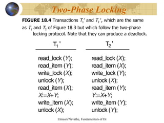 FIGURE 18.4  Transactions  T 1   and  T 2   , which are the same  as  T 1  and  T 2  of Figure 18.3 but which follow the two-phase locking protocol. Note that they can produce a deadlock. Two-Phase Locking 