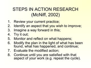 STEPS IN ACTION RESEARCH
(McNiff, 2002)
1. Review your current practice;
2. Identify an aspect that you wish to improve;
3. Imagine a way forward in this;
4. Try it out;
5. Monitor and reflect on what happens;
6. Modify the plan in the light of what has been
found, what has happened, and continue;
7. Evaluate the modified action;
8. Continue until you are satisfied with that
aspect of your work (e.g. repeat the cycle).
 