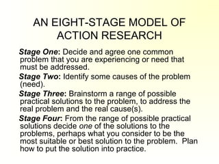 AN EIGHT-STAGE MODEL OF
ACTION RESEARCH
Stage One: Decide and agree one common
problem that you are experiencing or need that
must be addressed.
Stage Two: Identify some causes of the problem
(need).
Stage Three: Brainstorm a range of possible
practical solutions to the problem, to address the
real problem and the real cause(s).
Stage Four: From the range of possible practical
solutions decide one of the solutions to the
problems, perhaps what you consider to be the
most suitable or best solution to the problem. Plan
how to put the solution into practice.
 