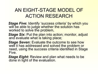 AN EIGHT-STAGE MODEL OF
ACTION RESEARCH
Stage Five: Identify ‘success criteria’ by which you
will be able to judge whether the solution has
worked to solve the problem,
Stage Six: Put the plan into action; monitor, adjust
and evaluate what is taking place;
Stage Seven: Evaluate the outcome to see how
well it has addressed and solved the problem or
need, using the success criteria identified in Stage
Five.
Stage Eight: Review and plan what needs to be
done in light of the evaluation.
 