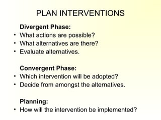 PLAN INTERVENTIONS
Divergent Phase:
• What actions are possible?
• What alternatives are there?
• Evaluate alternatives.
Convergent Phase:
• Which intervention will be adopted?
• Decide from amongst the alternatives.
Planning:
• How will the intervention be implemented?
 