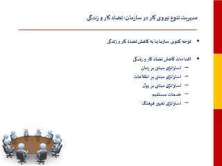 ‫مدیریت تنوع نیروی کار در سازمان: تضاد کار و زندگی‬
‫• توجه کنونی سازمانها به کاهش تضاد کار و زندگی‬
‫• اقدامات کاهش تضاد کار و زندگی‬
‫– استراتژی مبتنی بر زمان‬
‫– استراتژی مبتنی بر اطالعات‬
‫– استراتژی مبتنی بر پول‬
‫– خدمات مستقیم‬
‫– استراتژی تغییر فرهنگ‬

 