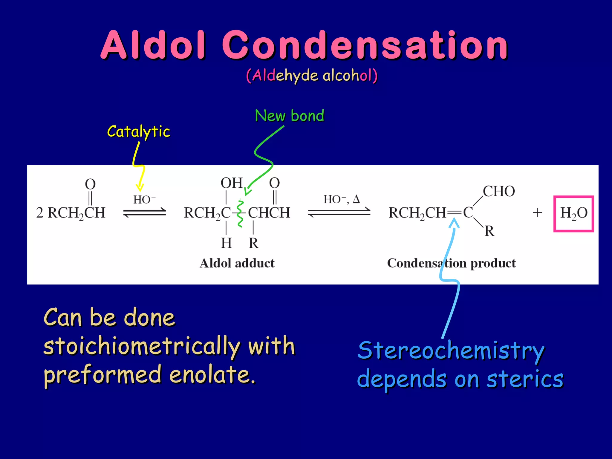 Aldol CondensationAldol Condensation
Can be doneCan be done
stoichiometrically withstoichiometrically with
preformed enolate.preformed enolate.
StereochemistryStereochemistry
depends on stericsdepends on sterics
New bondNew bond
CatalyticCatalytic
(Ald(Aldehyde alcohehyde alcohol)ol)
 