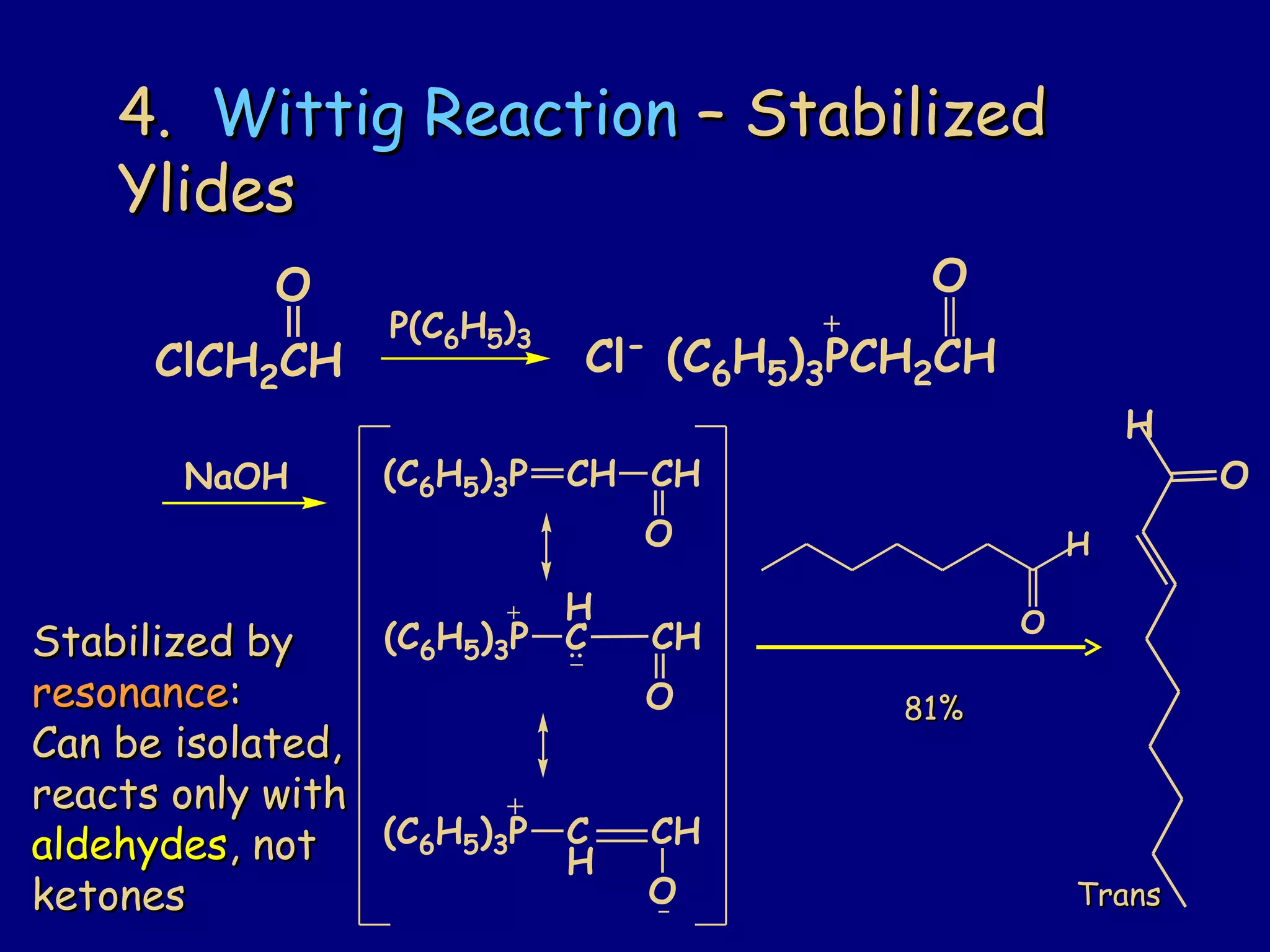 4.4. Wittig ReactionWittig Reaction – Stabilized– Stabilized
YlidesYlides
Stabilized byStabilized by
resonanceresonance::
Can be isolated,Can be isolated,
reacts only withreacts only with
aldehydesaldehydes, not, not
ketonesketones
ClCH2CH
O
P(C6H5)3
NaOH
Cl- (C6H5)3PCH2CH
O
+
(C6H5)3P CH CH
O
(C6H5)3P C
H
CH
O
(C6H5)3P
H
C CH
O
+
:
_
O
H
O
H
81%81%
TransTrans
 
