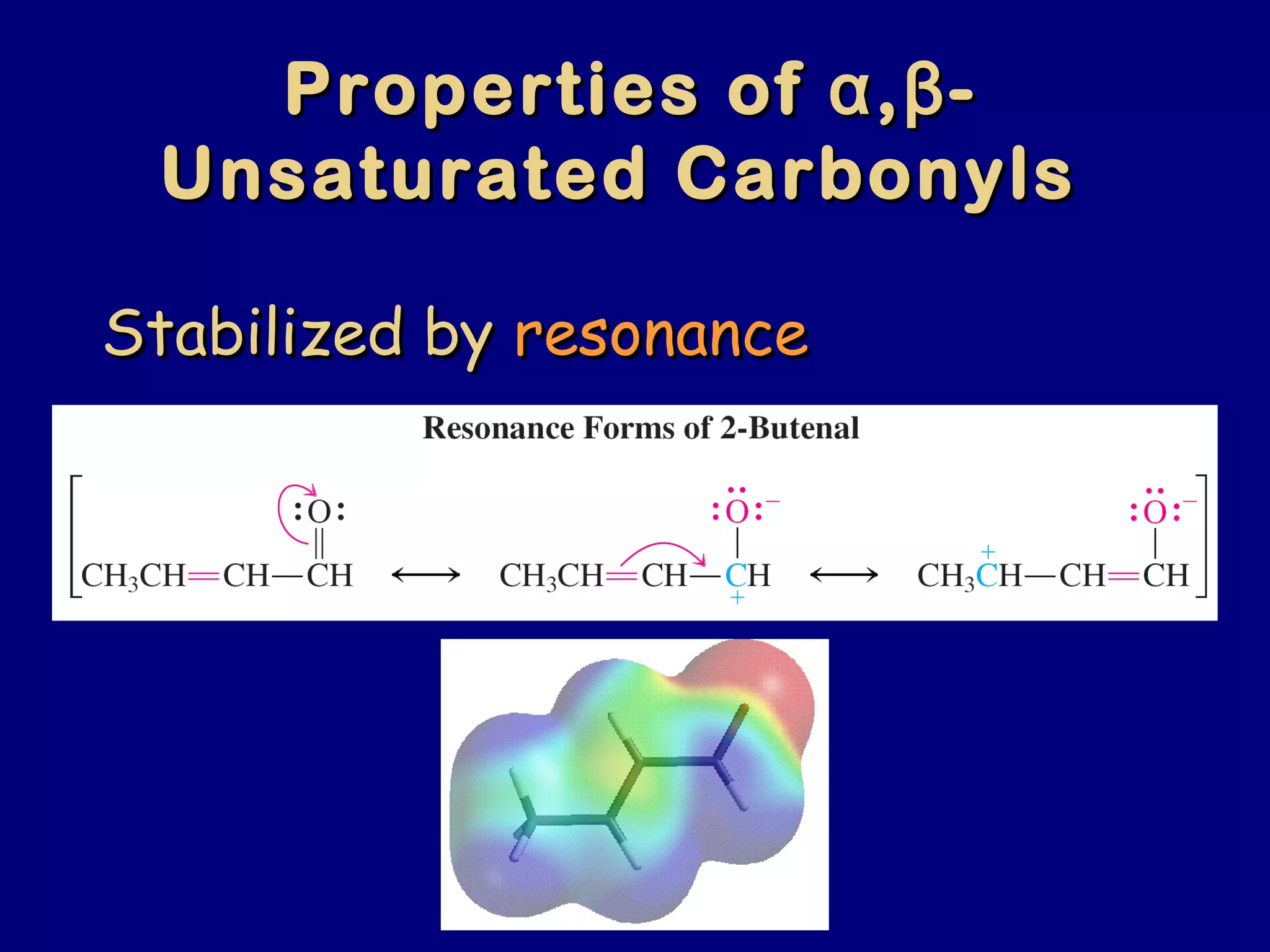 Stabilized byStabilized by resonanceresonance
Properties ofProperties of αα,,ββ--
Unsaturated CarbonylsUnsaturated Carbonyls
 