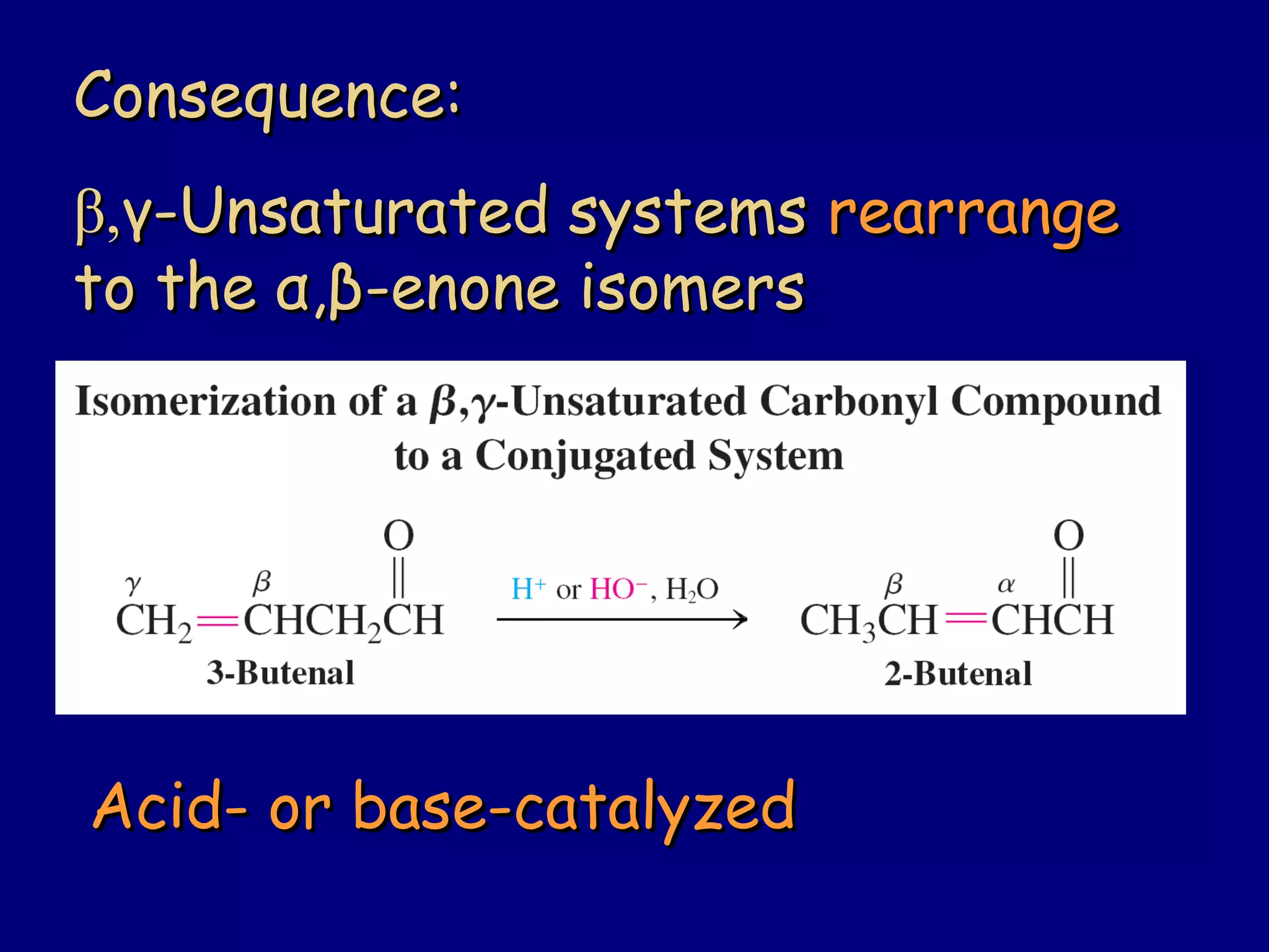 Consequence:Consequence:
ββ,,γγ-Unsaturated systems-Unsaturated systems rearrangerearrange
to theto the αα,,ββ-enone isomers-enone isomers
Acid- or base-catalyzedAcid- or base-catalyzed
 