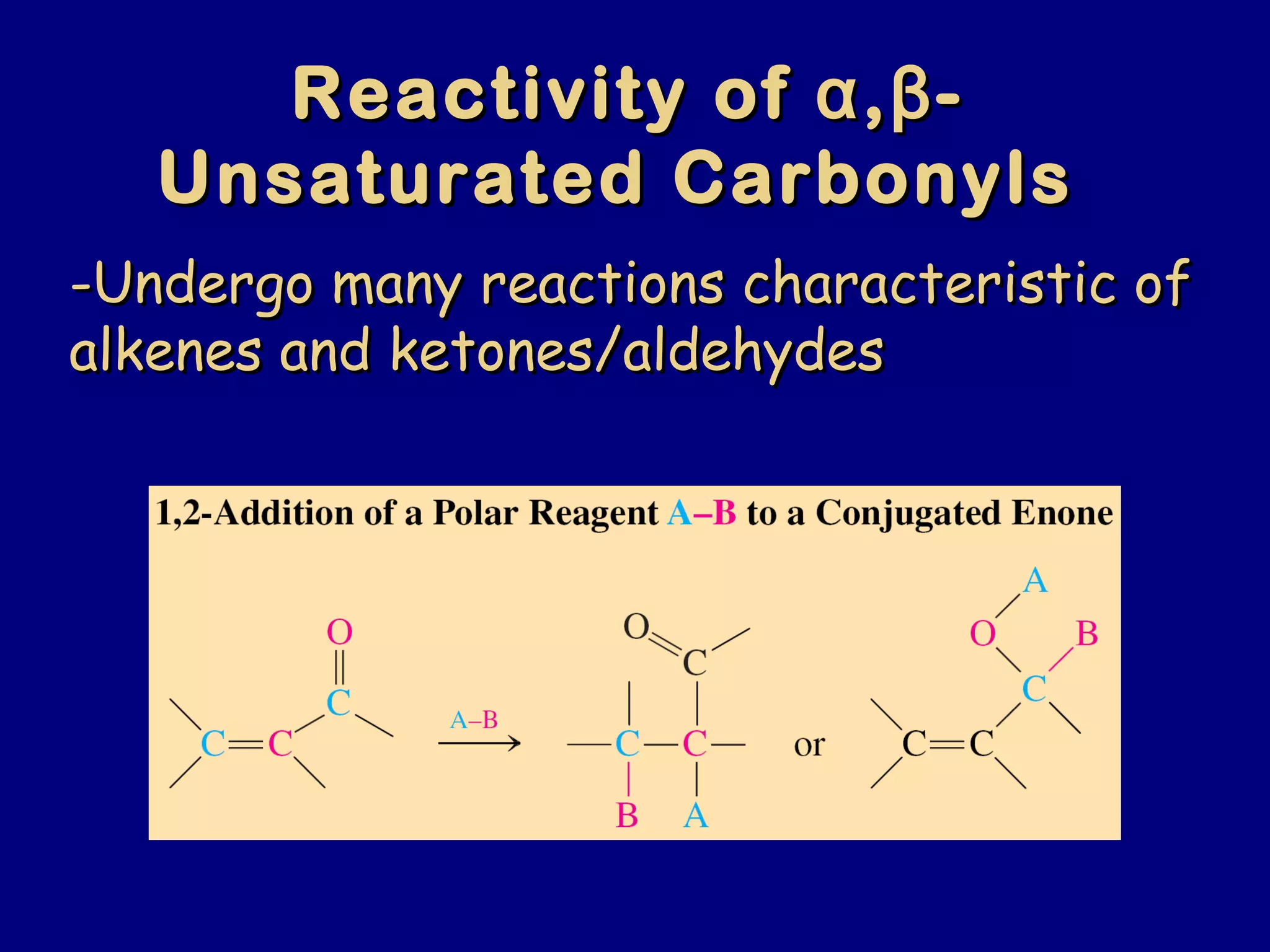 Reactivity ofReactivity of αα,,ββ--
Unsaturated CarbonylsUnsaturated Carbonyls
-Undergo many reactions characteristic of-Undergo many reactions characteristic of
alkenes and ketones/aldehydesalkenes and ketones/aldehydes
 