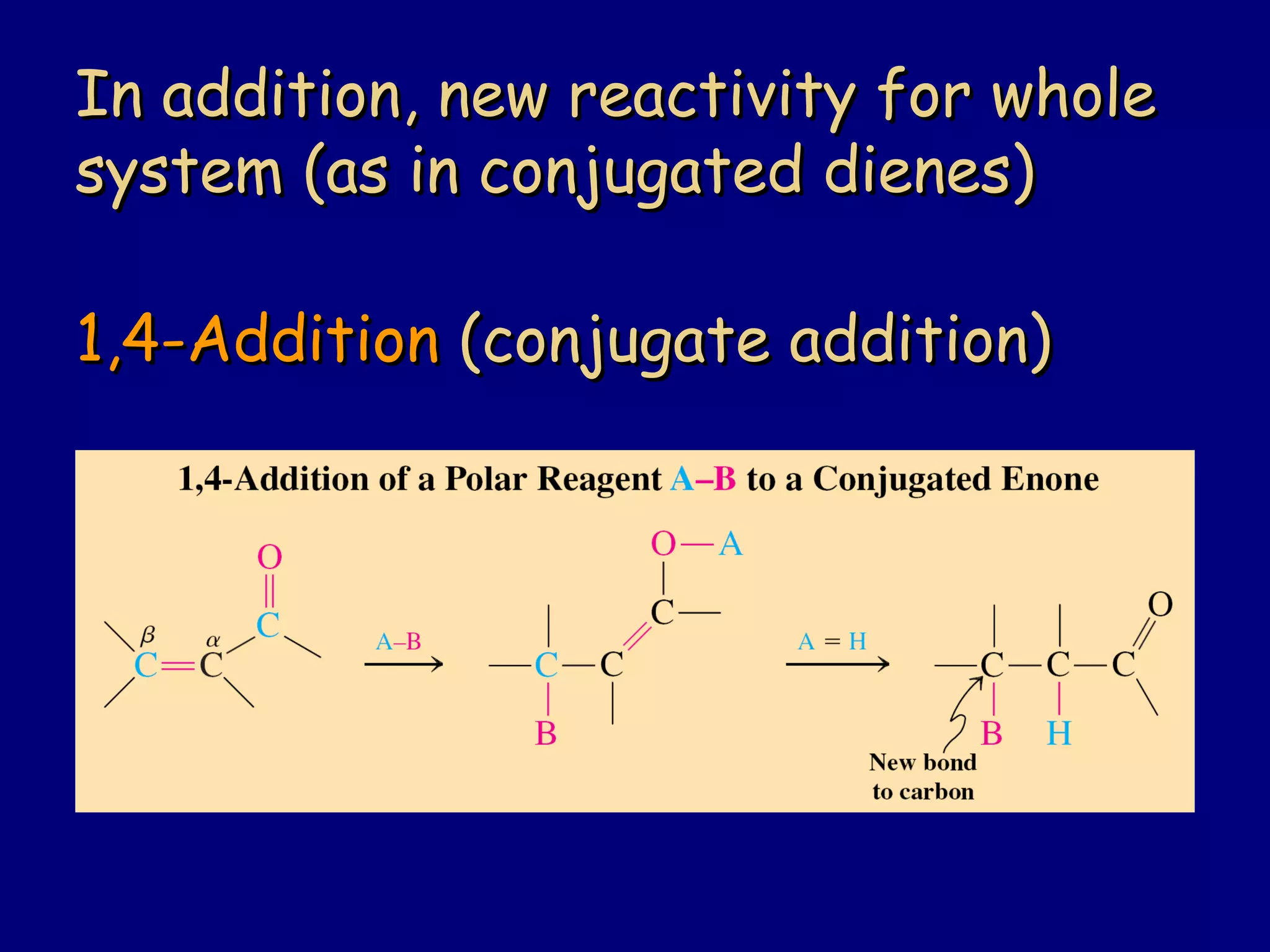 1,4-Addition1,4-Addition (conjugate addition)(conjugate addition)
In addition, new reactivity for wholeIn addition, new reactivity for whole
system (as in conjugated dienes)system (as in conjugated dienes)
 