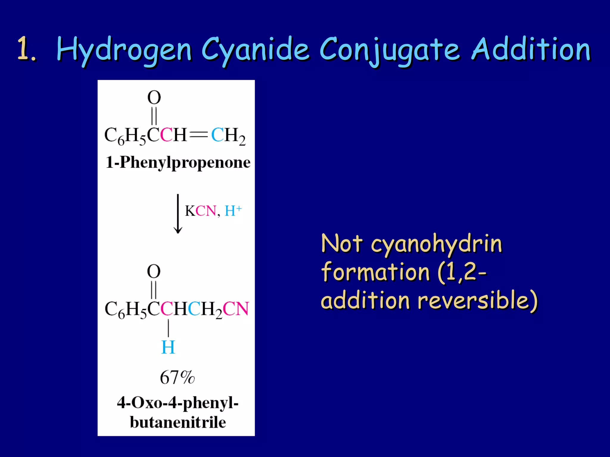 1.1. Hydrogen Cyanide Conjugate AdditionHydrogen Cyanide Conjugate Addition
Not cyanohydrinNot cyanohydrin
formation (1,2-formation (1,2-
addition reversible)addition reversible)
 