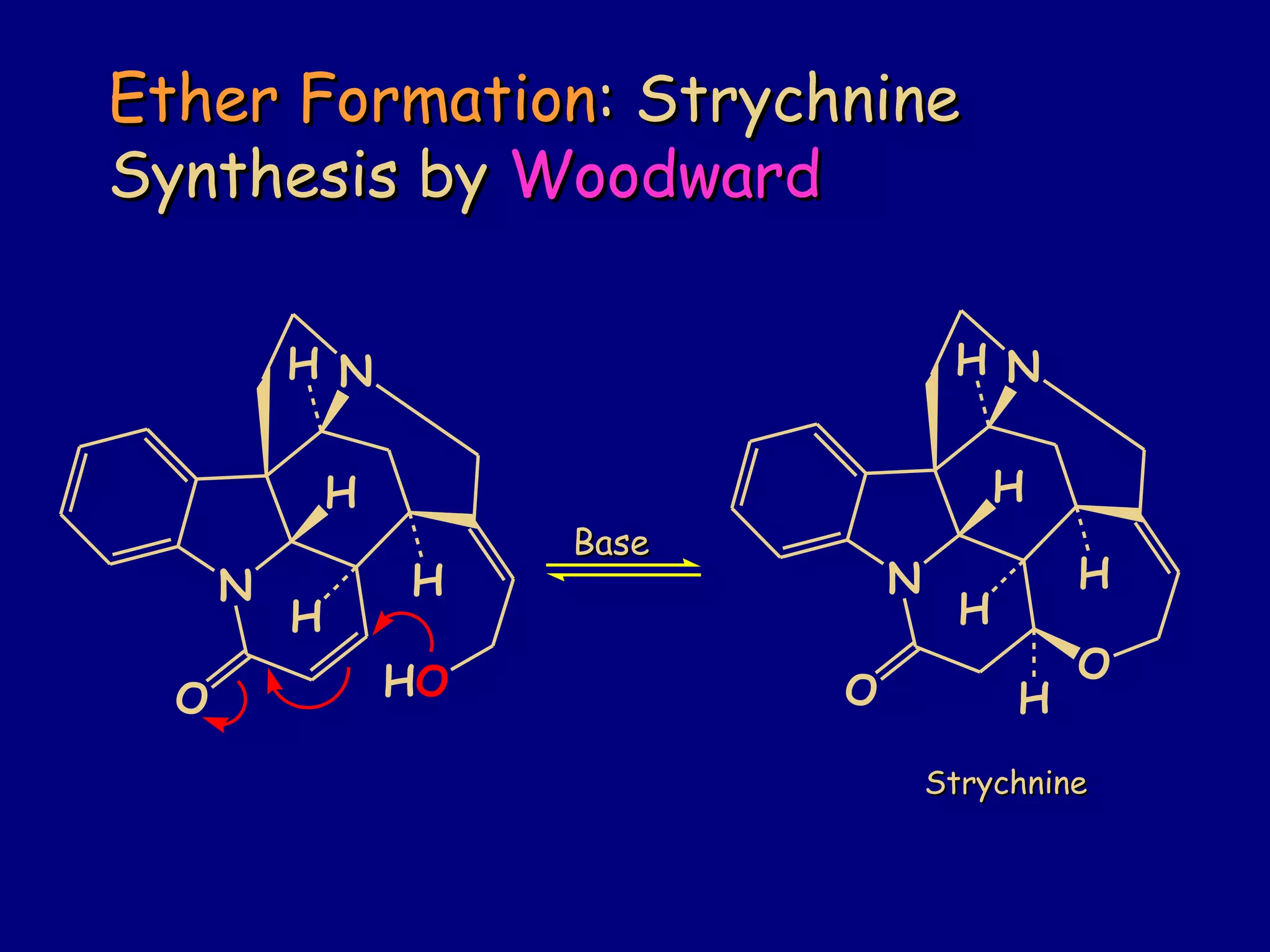 Ether FormationEther Formation: Strychnine: Strychnine
Synthesis bySynthesis by WoodwardWoodward
N
N
H
H
O
H
H
O
H
BaseBase
N
N
H
H
O
H
HO
H
StrychnineStrychnine
 