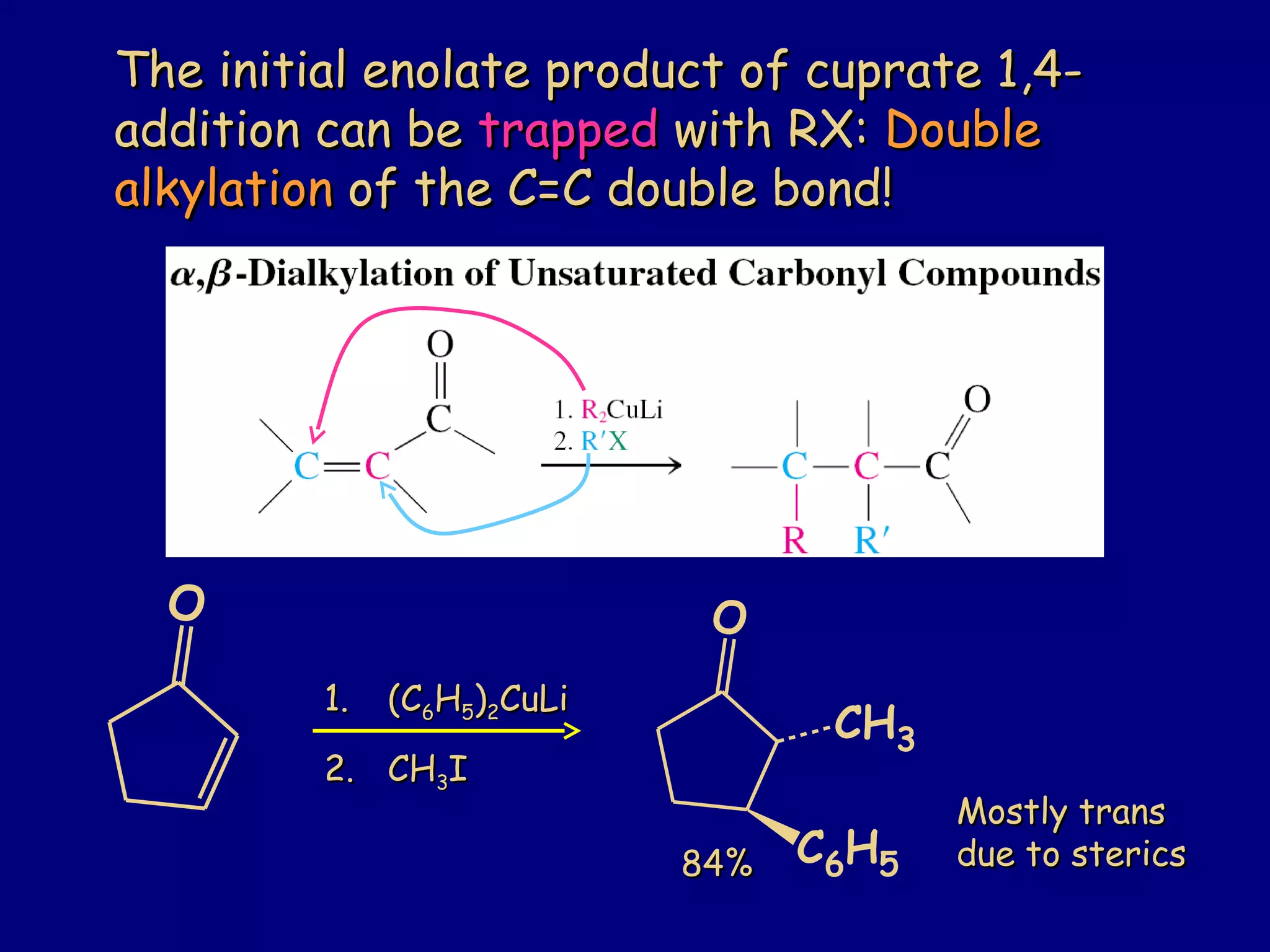 The initial enolate product of cuprate 1,4-The initial enolate product of cuprate 1,4-
addition can beaddition can be trappedtrapped with RX:with RX: DoubleDouble
alkylationalkylation of the C=C double bond!of the C=C double bond!
Mostly transMostly trans
due to stericsdue to sterics
O
CH3
C6H5
O
1.1. (C(C66HH55))22CuLiCuLi
2.2. CHCH33II
84%84%
 
