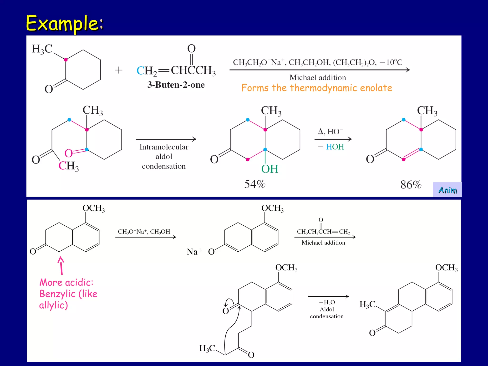 ExampleExample::
AnimAnim
More acidic:
Benzylic (like
allylic)
Forms the thermodynamic enolate
 