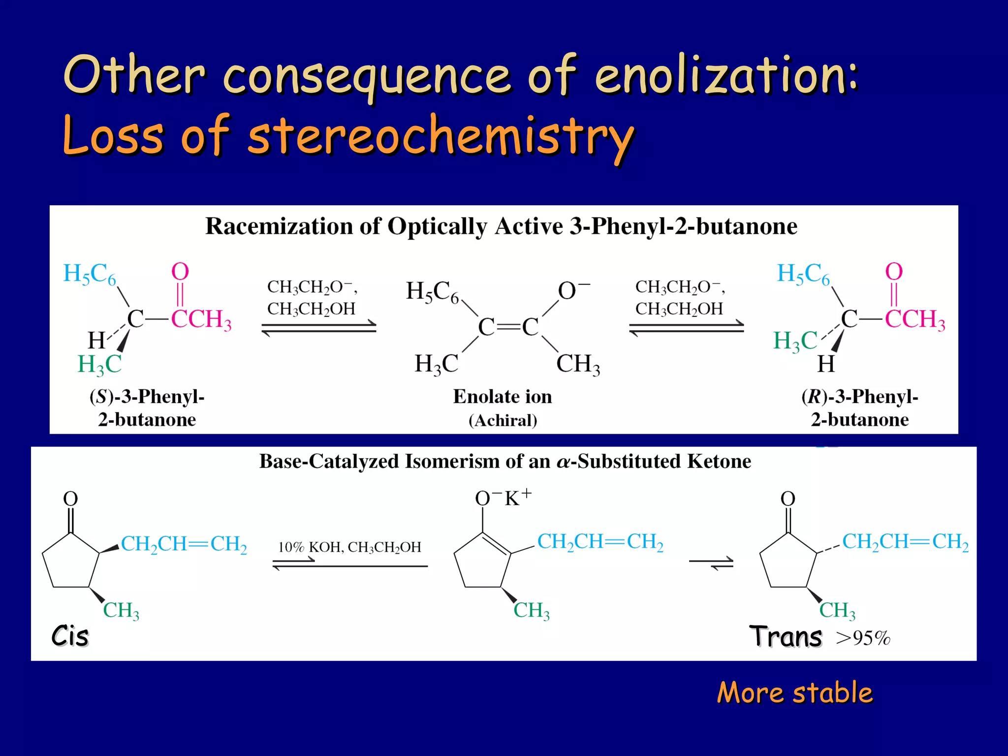 Other consequence of enolization:Other consequence of enolization:
Loss of stereochemistryLoss of stereochemistry
CisCis
More stableMore stable
TransTrans
 