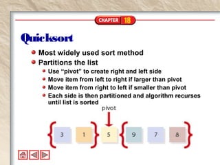 18
Quicksort
Most widely used sort method
Partitions the list
Use “pivot” to create right and left side
Move item from left to right if larger than pivot
Move item from right to left if smaller than pivot
Each side is then partitioned and algorithm recurses
until list is sorted
 