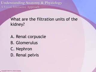 Understanding Anatomy & Physiology 
A Visual, Interactive Approach 
What are the filtration units of the 
kidney? 
A. Renal corpuscle 
B. Glomerulus 
C. Nephron 
D. Renal pelvis 
Copyright © 2012 F.A. Davis Company 
 