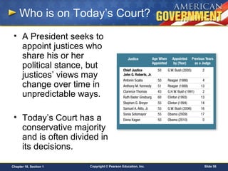 Copyright © Pearson Education, Inc. Slide 56Chapter 18, Section 1
Who is on Today’s Court?
• A President seeks to
appoint justices who
share his or her
political stance, but
justices’ views may
change over time in
unpredictable ways.
• Today’s Court has a
conservative majority
and is often divided in
its decisions.
 