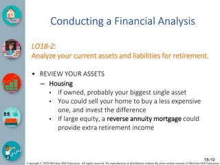 Copyright © 2020 McGraw-Hill Education. All rights reserved. No reproduction or distribution without the prior written consent of McGraw-Hill Education.
Conducting a Financial Analysis
LO18-2:
Analyze your current assets and liabilities for retirement.
• REVIEW YOUR ASSETS
– Housing
• If owned, probably your biggest single asset
• You could sell your home to buy a less expensive
one, and invest the difference
• If large equity, a reverse annuity mortgage could
provide extra retirement income
18-10
 