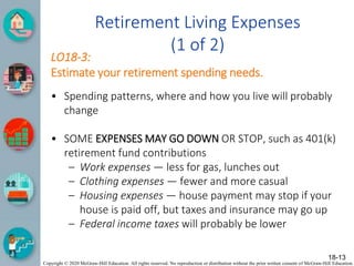 Copyright © 2020 McGraw-Hill Education. All rights reserved. No reproduction or distribution without the prior written consent of McGraw-Hill Education.
Retirement Living Expenses
(1 of 2)
LO18-3:
Estimate your retirement spending needs.
• Spending patterns, where and how you live will probably
change
• SOME EXPENSES MAY GO DOWN OR STOP, such as 401(k)
retirement fund contributions
– Work expenses — less for gas, lunches out
– Clothing expenses — fewer and more casual
– Housing expenses — house payment may stop if your
house is paid off, but taxes and insurance may go up
– Federal income taxes will probably be lower
18-13
 