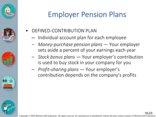Copyright © 2020 McGraw-Hill Education. All rights reserved. No reproduction or distribution without the prior written consent of McGraw-Hill Education.
Employer Pension Plans
• DEFINED-CONTRIBUTION PLAN
– Individual account plan for each employee
– Money-purchase pension plans — Your employer
sets aside a percent of your earnings each year
– Stock bonus plans — Your employer’s contribution
is used to buy stock in your company for you
– Profit-sharing plans — Your employer’s
contribution depends on the company’s profits
18-23
 