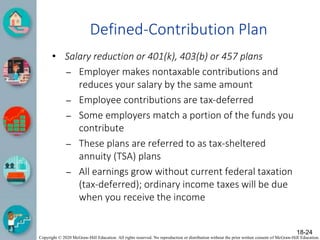 Copyright © 2020 McGraw-Hill Education. All rights reserved. No reproduction or distribution without the prior written consent of McGraw-Hill Education.
Defined-Contribution Plan
• Salary reduction or 401(k), 403(b) or 457 plans
– Employer makes nontaxable contributions and
reduces your salary by the same amount
– Employee contributions are tax-deferred
– Some employers match a portion of the funds you
contribute
– These plans are referred to as tax-sheltered
annuity (TSA) plans
– All earnings grow without current federal taxation
(tax-deferred); ordinary income taxes will be due
when you receive the income
18-24
 
