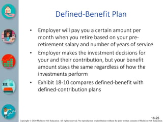 Copyright © 2020 McGraw-Hill Education. All rights reserved. No reproduction or distribution without the prior written consent of McGraw-Hill Education.
Defined-Benefit Plan
• Employer will pay you a certain amount per
month when you retire based on your pre-
retirement salary and number of years of service
• Employer makes the investment decisions for
your and their contribution, but your benefit
amount stays the same regardless of how the
investments perform
• Exhibit 18-10 compares defined-benefit with
defined-contribution plans
18-25
 
