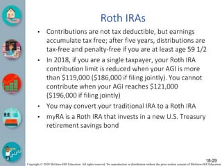 Copyright © 2020 McGraw-Hill Education. All rights reserved. No reproduction or distribution without the prior written consent of McGraw-Hill Education.
Roth IRAs
• Contributions are not tax deductible, but earnings
accumulate tax free; after five years, distributions are
tax-free and penalty-free if you are at least age 59 1/2
• In 2018, if you are a single taxpayer, your Roth IRA
contribution limit is reduced when your AGI is more
than $119,000 ($186,000 if filing jointly). You cannot
contribute when your AGI reaches $121,000
($196,000 if filing jointly)
• You may convert your traditional IRA to a Roth IRA
• myRA is a Roth IRA that invests in a new U.S. Treasury
retirement savings bond
18-29
 