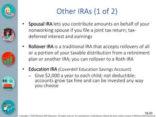 Copyright © 2020 McGraw-Hill Education. All rights reserved. No reproduction or distribution without the prior written consent of McGraw-Hill Education.
Other IRAs (1 of 2)
• Spousal IRA lets you contribute amounts on behalf of your
nonworking spouse if you file a joint tax return; tax-
deferred interest and earnings
• Rollover IRA is a traditional IRA that accepts rollovers of all
or a portion of your taxable distribution from a retirement
plan or another IRA; you can rollover to a Roth IRA
• Education IRA (Coverdell Education Savings Account)
– Give $2,000 a year to each child; not deductible;
accounts grow tax free and can be invested any way
you choose
18-30
 