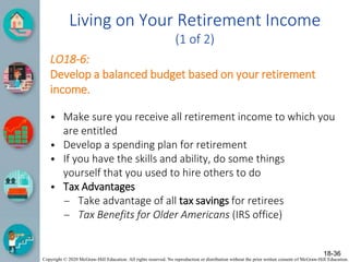 Copyright © 2020 McGraw-Hill Education. All rights reserved. No reproduction or distribution without the prior written consent of McGraw-Hill Education.
Living on Your Retirement Income
(1 of 2)
LO18-6:
Develop a balanced budget based on your retirement
income.
• Make sure you receive all retirement income to which you
are entitled
• Develop a spending plan for retirement
• If you have the skills and ability, do some things
yourself that you used to hire others to do
• Tax Advantages
– Take advantage of all tax savings for retirees
– Tax Benefits for Older Americans (IRS office)
18-36
 