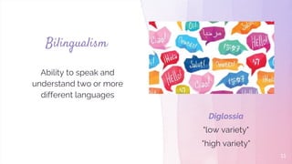 Bilingualism
Ability to speak and
understand two or more
different languages
11
Diglossia
"low variety"
"high variety"
 