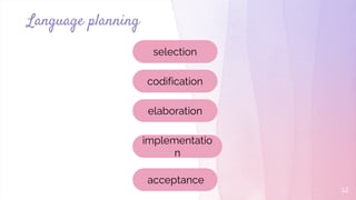 Language planning
12
selection
codification
elaboration
implementatio
n
acceptance
 