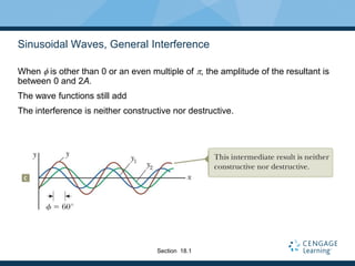 Sinusoidal Waves, General Interference
When f is other than 0 or an even multiple of p, the amplitude of the resultant is
between 0 and 2A.
The wave functions still add
The interference is neither constructive nor destructive.
Section 18.1
 