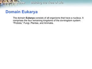 Domain Eukarya  The domain  Eukarya  consists of all organisms that have a nucleus. It comprises the four remaining kingdoms of the six-kingdom system: “Protista,” Fungi, Plantae, and Animalia. 