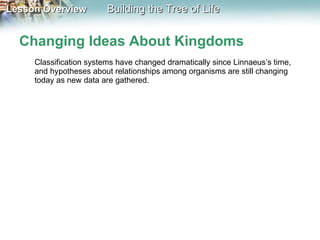 Changing Ideas About Kingdoms Classification systems have changed dramatically since Linnaeus’s time, and hypotheses about relationships among organisms are still changing today as new data are gathered.  