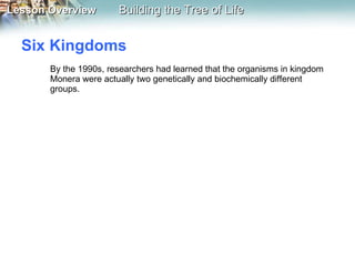 Six Kingdoms  By the 1990s, researchers had learned that the organisms in kingdom Monera were actually two genetically and biochemically different groups.  