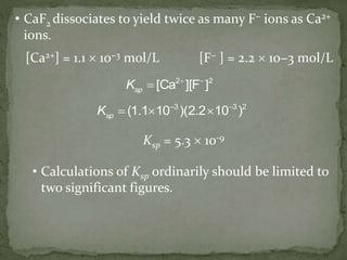 • CaF2 dissociates to yield twice as many F− ions as Ca2+
ions.
[Ca2+] = 1.1  10−3 mol/L [F− ] = 2.2  10−3 mol/L
 
spK 2 2
[Ca ][F ]
spK –3 3 2
(1.1 10 )(2.2 10 )
  
Ksp = 5.3  10-9
• Calculations of Ksp ordinarily should be limited to
two significant figures.
 