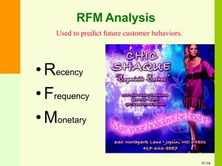 •Recency
•Frequency
•Monetary
RFM Analysis
Used to predict future customer behaviors.
11-14
 