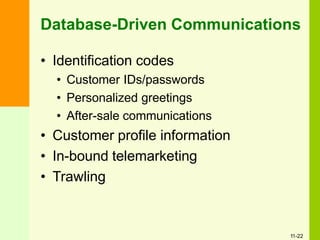 Database-Driven Communications
• Identification codes
• Customer IDs/passwords
• Personalized greetings
• After-sale communications
• Customer profile information
• In-bound telemarketing
• Trawling
11-22
 
