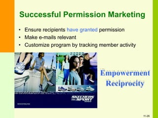 Successful Permission Marketing
• Ensure recipients have granted permission
• Make e-mails relevant
• Customize program by tracking member activity
Empowerment
Reciprocity
11-26
 