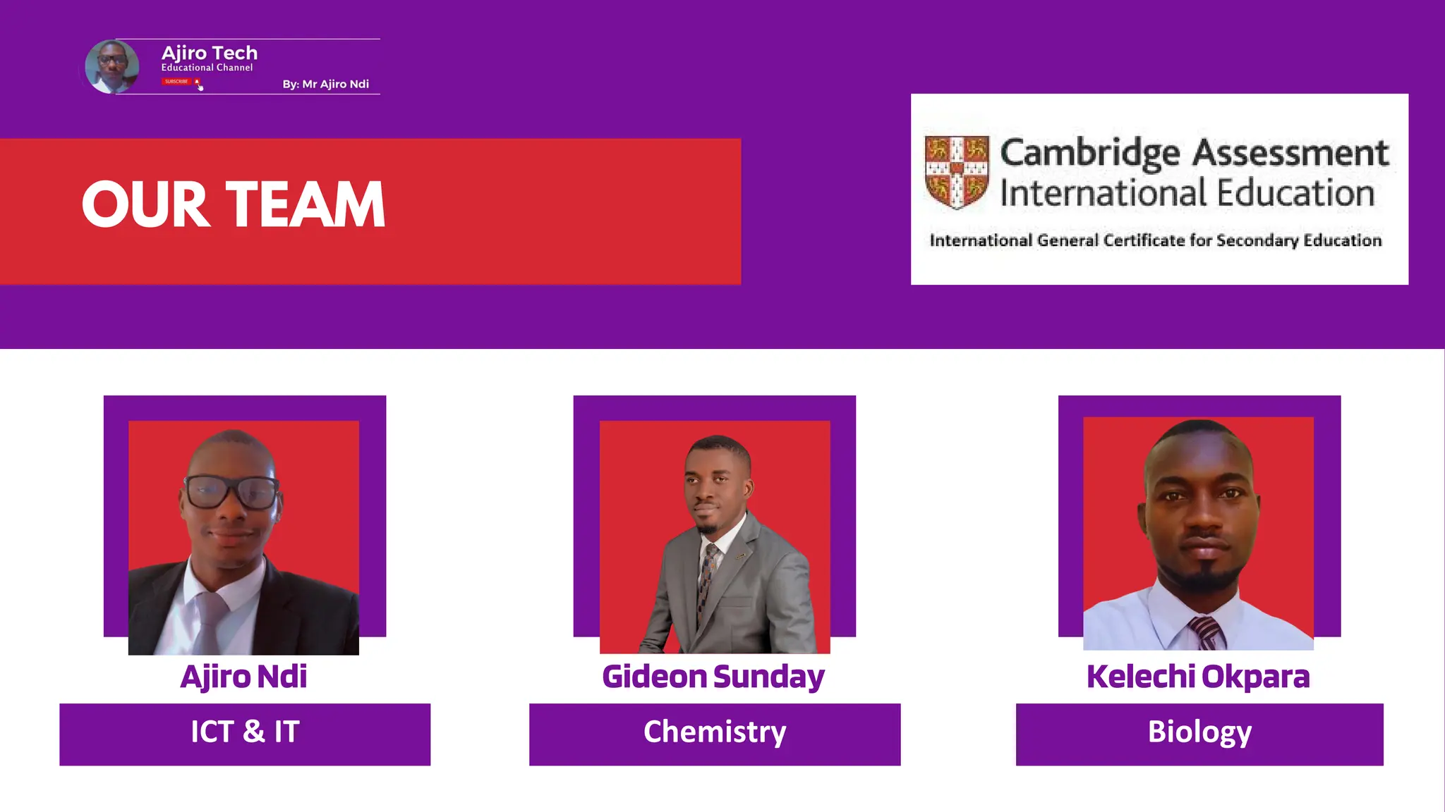 OUR TEAM
AjiroNdi
ICT  IT
GideonSunday
Chemistry
KelechiOkpara
Biology
 