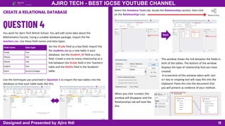 Field name Data type
SCode Text
FName Text
SName Text
Subject Text
Room Numeric/Integer
Select the Database Tools tab, locate the Relationships section, then click
on the Relationships icon.
Next
11
AJIRO TECH - BEST IGCSE YOUTUBE CHANNEL
Designed and Presented by Ajiro Ndi
CREATE A RELATIONAL DATABASE
You work for Ajiro Tech British School. You will edit some data about the
Mathematics Faculty. Using a suitable database package, import the file
teachers.csv. Use these field names and data types:
Set the SCode field as a key field. Import the
file students.csv as a new table in your
database. Set the Student_ID field as a key
field. Create a one-to-many relationship as a
link between the SCode field in the Teachers’
table and the Maths field in the Students’
table.
Use the techniques you practised in Question 1 to import the two tables into the
database so that each table looks like this.
This window shows the link between the fields in
both of the tables. The bottom of the window
displays the type of relationship that you have
created.
A screenshot of this window taken with <prt
sc> key or snipping tool will copy this into the
clipboard. Paste this into the document that
you will present as evidence of your method.
When you click <create> the
window will disappear and the
Relationships tab will look like
this.
 