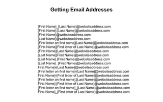 Getting Email Addresses
[First Name]_[Last Name]@websiteaddress.com
[First Name].[Last Name]@websiteaddress.com
[First Nam...