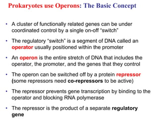 Prokaryotes use Operons: The Basic Concept
• A cluster of functionally related genes can be under
coordinated control by a single on-off “switch”
• The regulatory “switch” is a segment of DNA called an
operator usually positioned within the promoter
• An operon is the entire stretch of DNA that includes the
operator, the promoter, and the genes that they control
• The operon can be switched off by a protein repressor
(some repressors need co-repressors to be active)
• The repressor prevents gene transcription by binding to the
operator and blocking RNA polymerase
• The repressor is the product of a separate regulatory
gene
 