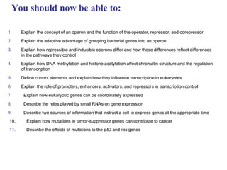 You should now be able to:
1. Explain the concept of an operon and the function of the operator, repressor, and corepressor
2. Explain the adaptive advantage of grouping bacterial genes into an operon
3. Explain how repressible and inducible operons differ and how those differences reflect differences
in the pathways they control
4. Explain how DNA methylation and histone acetylation affect chromatin structure and the regulation
of transcription
5. Define control elements and explain how they influence transcription in eukaryotes
6. Explain the role of promoters, enhancers, activators, and repressors in transcription control
7. Explain how eukaryotic genes can be coordinately expressed
8. Describe the roles played by small RNAs on gene expression
9. Describe two sources of information that instruct a cell to express genes at the appropriate time
10. Explain how mutations in tumor-suppressor genes can contribute to cancer
11. Describe the effects of mutations to the p53 and ras genes
 