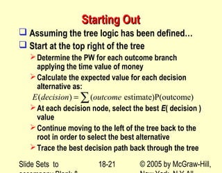 Slide Sets to © 2005 by McGraw-Hill,18-21
Starting OutStarting Out
 Assuming the tree logic has been defined…
 Start at the top right of the tree
Determine the PW for each outcome branch
applying the time value of money
Calculate the expected value for each decision
alternative as:
At each decision node, select the best E( decision )
value
Continue moving to the left of the tree back to the
root in order to select the best alternative
Trace the best decision path back through the tree
( ) ( estimate)P(outcome)E decision outcome= ∑
 