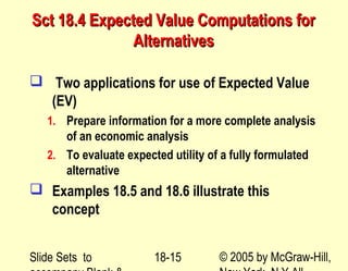 Slide Sets to © 2005 by McGraw-Hill,18-15
Sct 18.4 Expected Value Computations forSct 18.4 Expected Value Computations for
AlternativesAlternatives
 Two applications for use of Expected Value
(EV)
1. Prepare information for a more complete analysis
of an economic analysis
2. To evaluate expected utility of a fully formulated
alternative
 Examples 18.5 and 18.6 illustrate this
concept
 