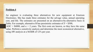 Problem 4
An engineer is evaluating three alternatives for new equipment at Emerson
Electronics. She has made three estimates for the salvage value, annual operating
cost, and life. The estimates are presented on an alternative-by-alternative basis in
Table. For example, alternative B has pessimistic estimates of S = $500,
AOC = $4000, and n = 2 years. The first costs are known, so they have the same
value. Perform a sensitivity analysis and determine the most economical alternative,
using AW analysis at a MARR of 12% per year.
 