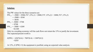 Solution:
The PW values for the three scenarios are
PW R = -5000 + 2500( P/F ,15%,1) + 2000( P/F ,15%,2) + 1000( P/F ,15%,3)
= -5000 + 4344
= -$656
PWS = -5000 + 5708
= $708
PW E = -5000 + 6309
=$1309
Only in a receding economy will the cash flows not return the 15% to justify the investment.
The expected present worth is
E(PW) = 656*(0.4) + 708*(0.4) + 1309*(0.2)
=$283
At 15%, E (PW)> 0; the equipment is justified, using an expected value analysis.
 