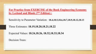 For Practice from EXERCISE of the Book Engineering Economy
by Leeland and Blank (7th Edition) :
Sensitivity to Parameter Variation: 18.4,18.5,18.6,18.7,18.9,18.12,18.13
Three Estimates: 18.19,18.20,18.21,18.22
Expected Values: 18.24,18.26, 18.32,18.33,18.34
Decision Trees:
 