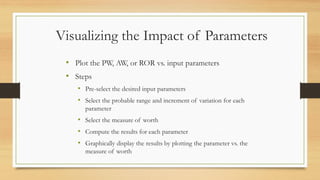Visualizing the Impact of Parameters
• Plot the PW, AW, or ROR vs. input parameters
• Steps
• Pre-select the desired input parameters
• Select the probable range and increment of variation for each
parameter
• Select the measure of worth
• Compute the results for each parameter
• Graphically display the results by plotting the parameter vs. the
measure of worth
 